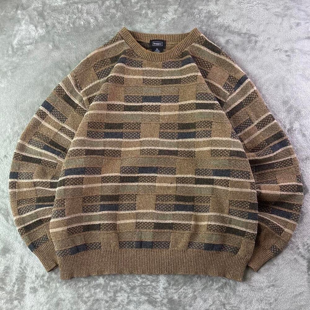 Vintage Y2K Haggar Patterned Knit Sweater Men’s XL Brown Grandpa 2000s